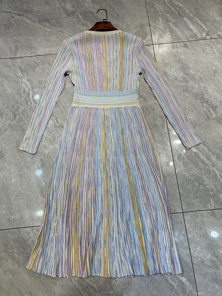 Bettergirl 2024 New lady elegant Colorful striped knitted V-neck long casual women's dresses
