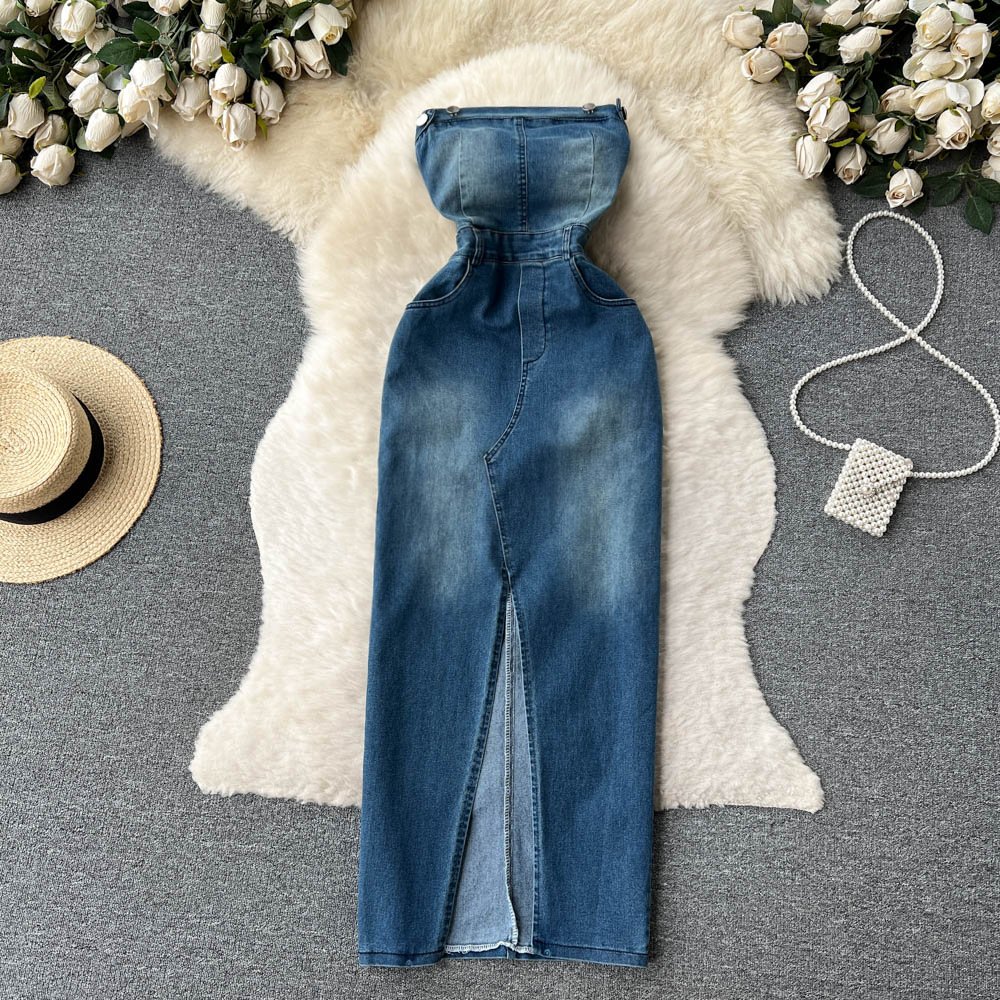 Spring Sleeveless Strapless Denim Casual Dress Women High Waist Midi Sheath Dress Ladies Elegant Dresses Clothes Women