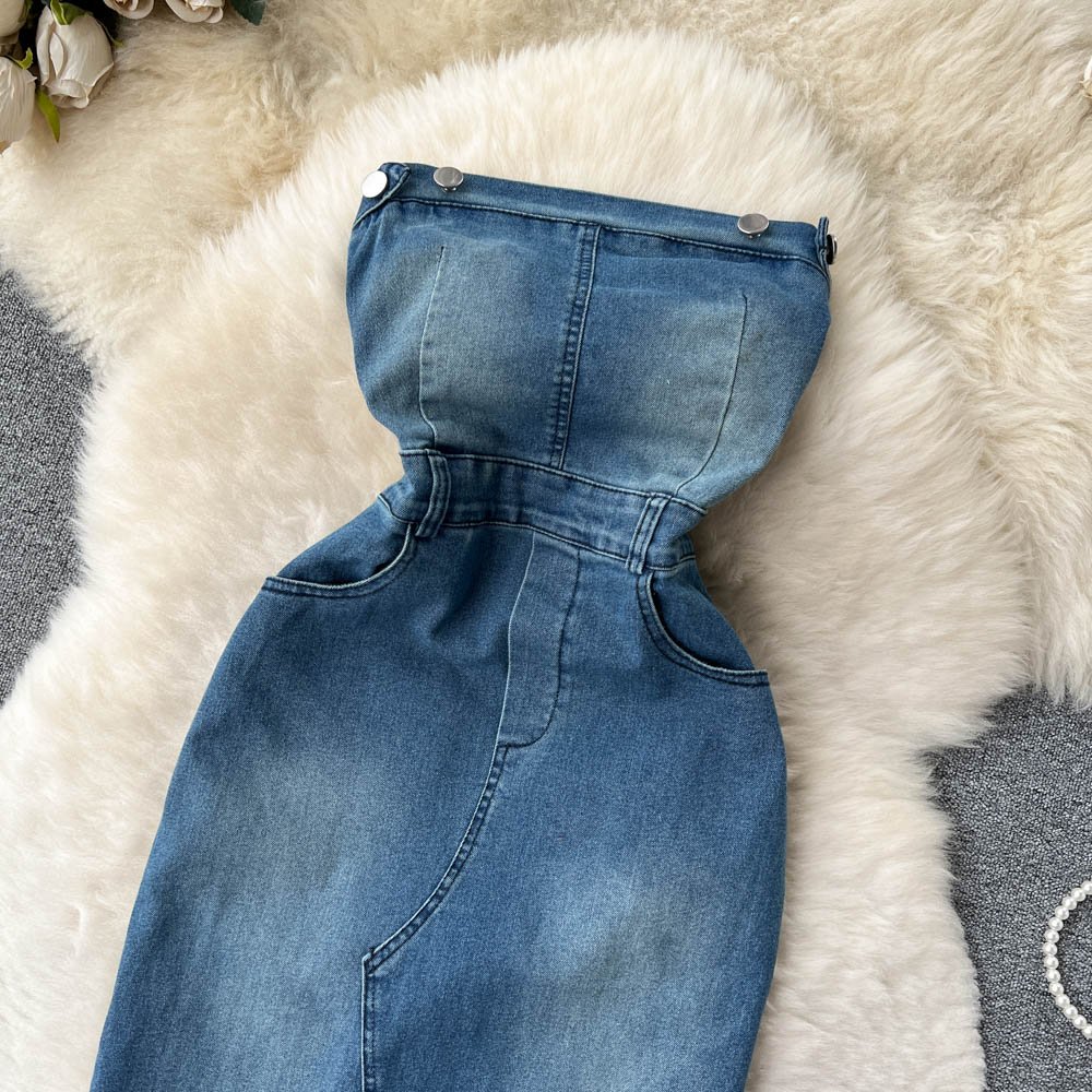 Spring Sleeveless Strapless Denim Casual Dress Women High Waist Midi Sheath Dress Ladies Elegant Dresses Clothes Women