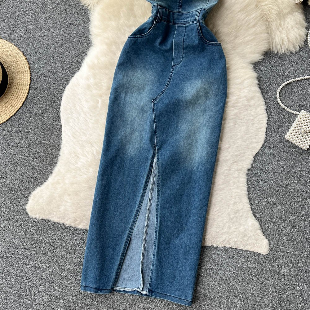 Spring Sleeveless Strapless Denim Casual Dress Women High Waist Midi Sheath Dress Ladies Elegant Dresses Clothes Women