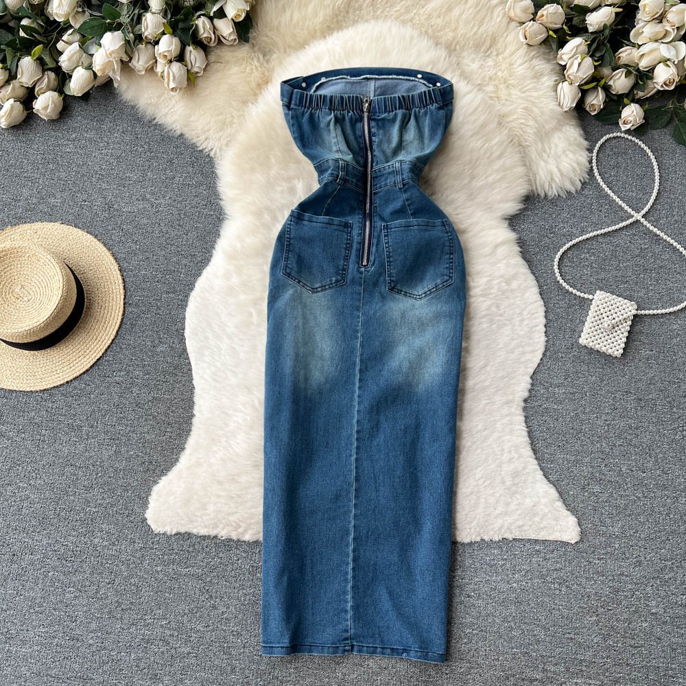 Spring Sleeveless Strapless Denim Casual Dress Women High Waist Midi Sheath Dress Ladies Elegant Dresses Clothes Women