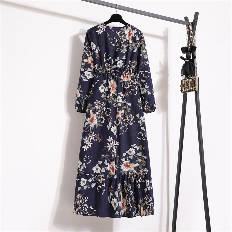 Floral print fashion autumn round neck drape long women dress maxi chiffon casual dress elegant beach bohemian ladies dresses