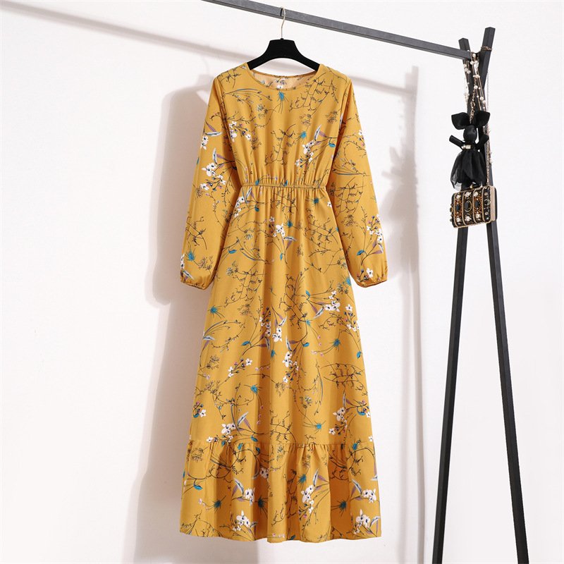 Floral print fashion autumn round neck drape long women dress maxi chiffon casual dress elegant beach bohemian ladies dresses