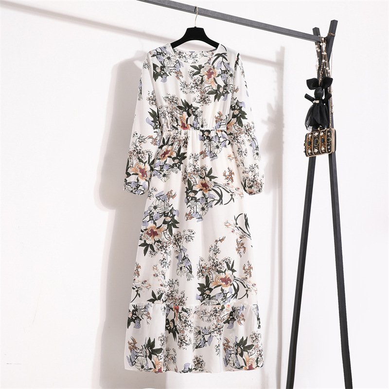 Floral print fashion autumn round neck drape long women dress maxi chiffon casual dress elegant beach bohemian ladies dresses
