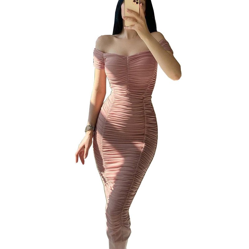 Strapless Short Sleeve Slim Shoulder Pleated Evening Bodycon Vestidos Women Elegant Summer Casual Dresses 2024