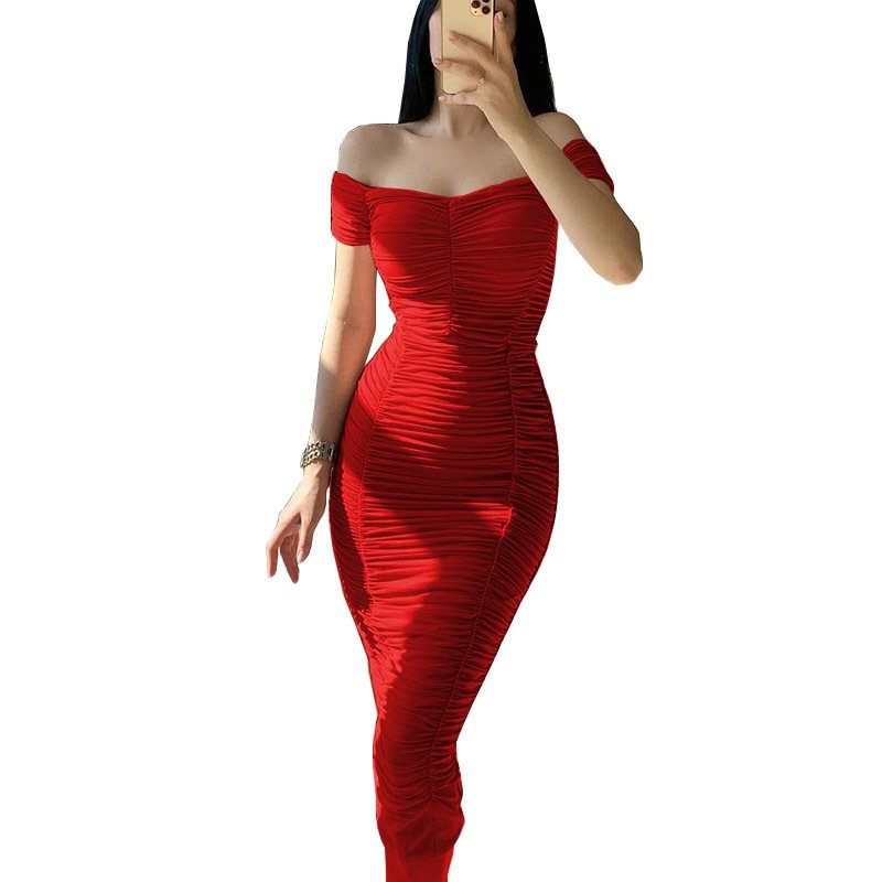 Strapless Short Sleeve Slim Shoulder Pleated Evening Bodycon Vestidos Women Elegant Summer Casual Dresses 2024