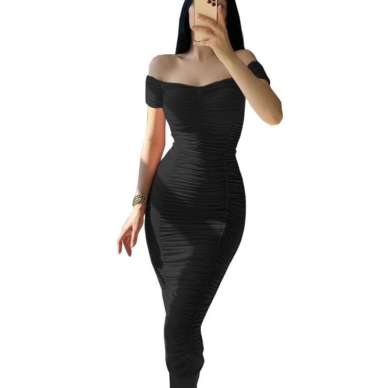 Strapless Short Sleeve Slim Shoulder Pleated Evening Bodycon Vestidos Women Elegant Summer Casual Dresses 2024