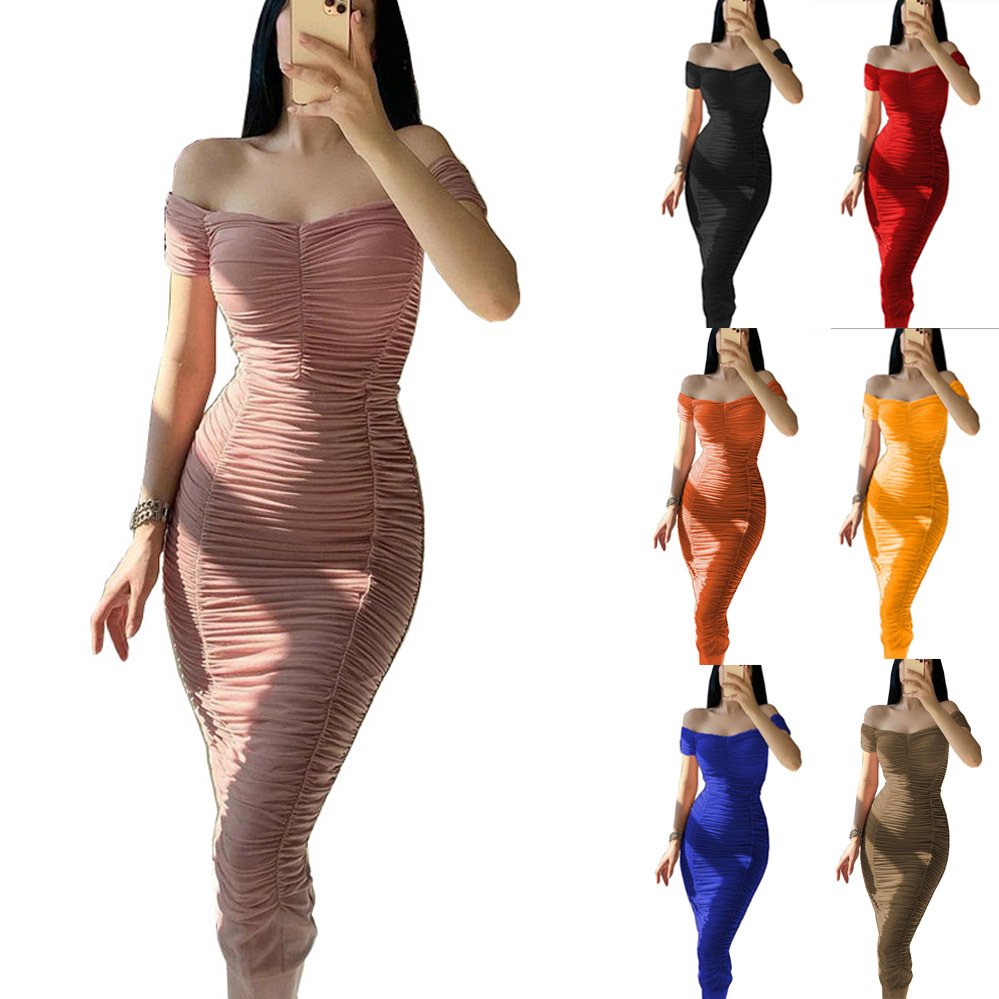 Strapless Short Sleeve Slim Shoulder Pleated Evening Bodycon Vestidos Women Elegant Summer Casual Dresses 2024
