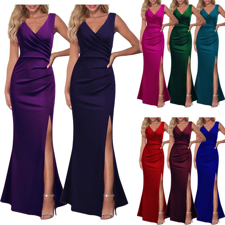 Custom Solid Color High-Slit Cut Out Backless casual Dress Slim Fitted Halter Sleeveless Gown Asymmetric women evening Dress