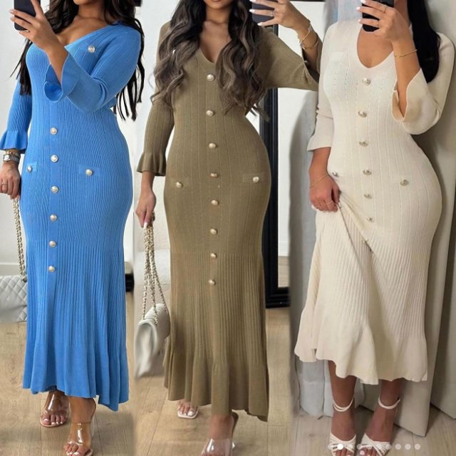 GX0059A Boutique fall sexy bodycon long knitted dresses clothing women tight casual elegant long sleeve button knit maxi dress