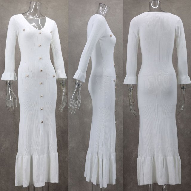 GX0059A Boutique fall sexy bodycon long knitted dresses clothing women tight casual elegant long sleeve button knit maxi dress