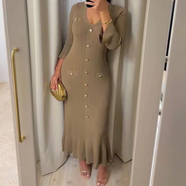 GX0059A Boutique fall sexy bodycon long knitted dresses clothing women tight casual elegant long sleeve button knit maxi dress