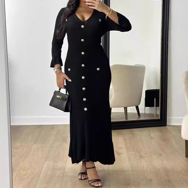 GX0059A Boutique fall sexy bodycon long knitted dresses clothing women tight casual elegant long sleeve button knit maxi dress