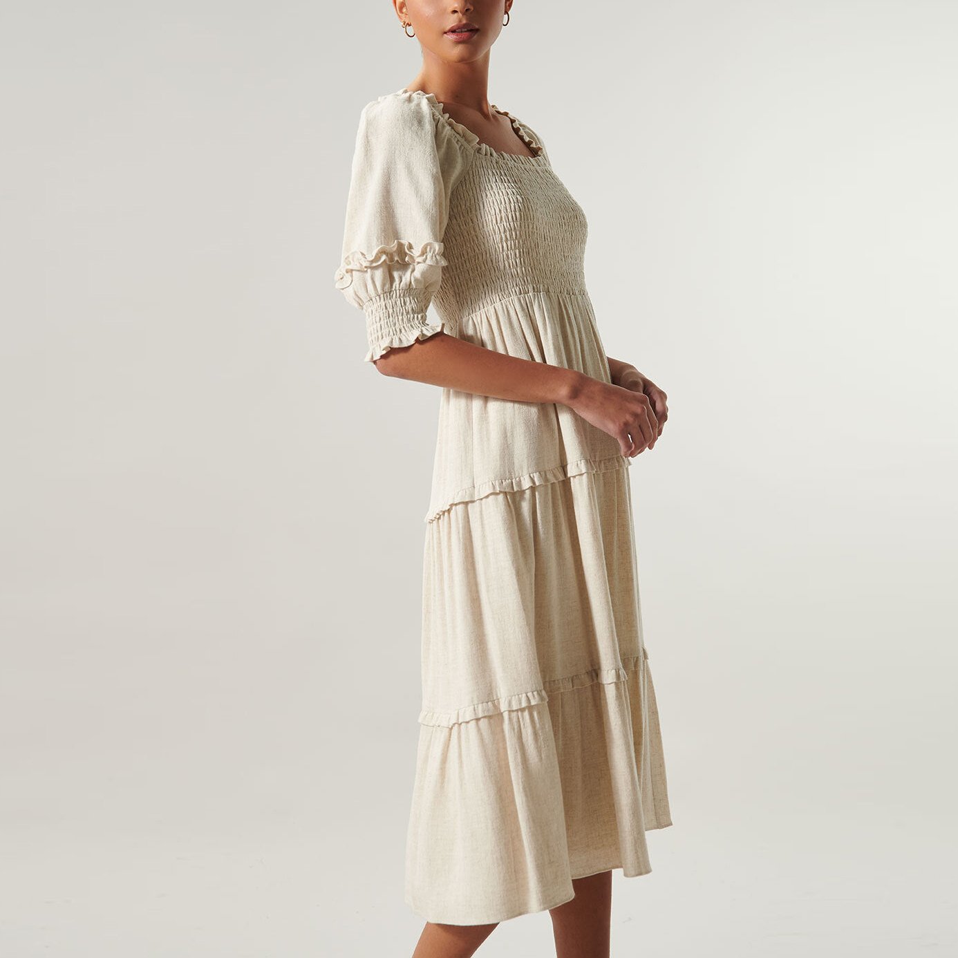 High Quality Ladies Casual Square Neck Slit Dresses Midi Long Ruffle Linen Dress For Women