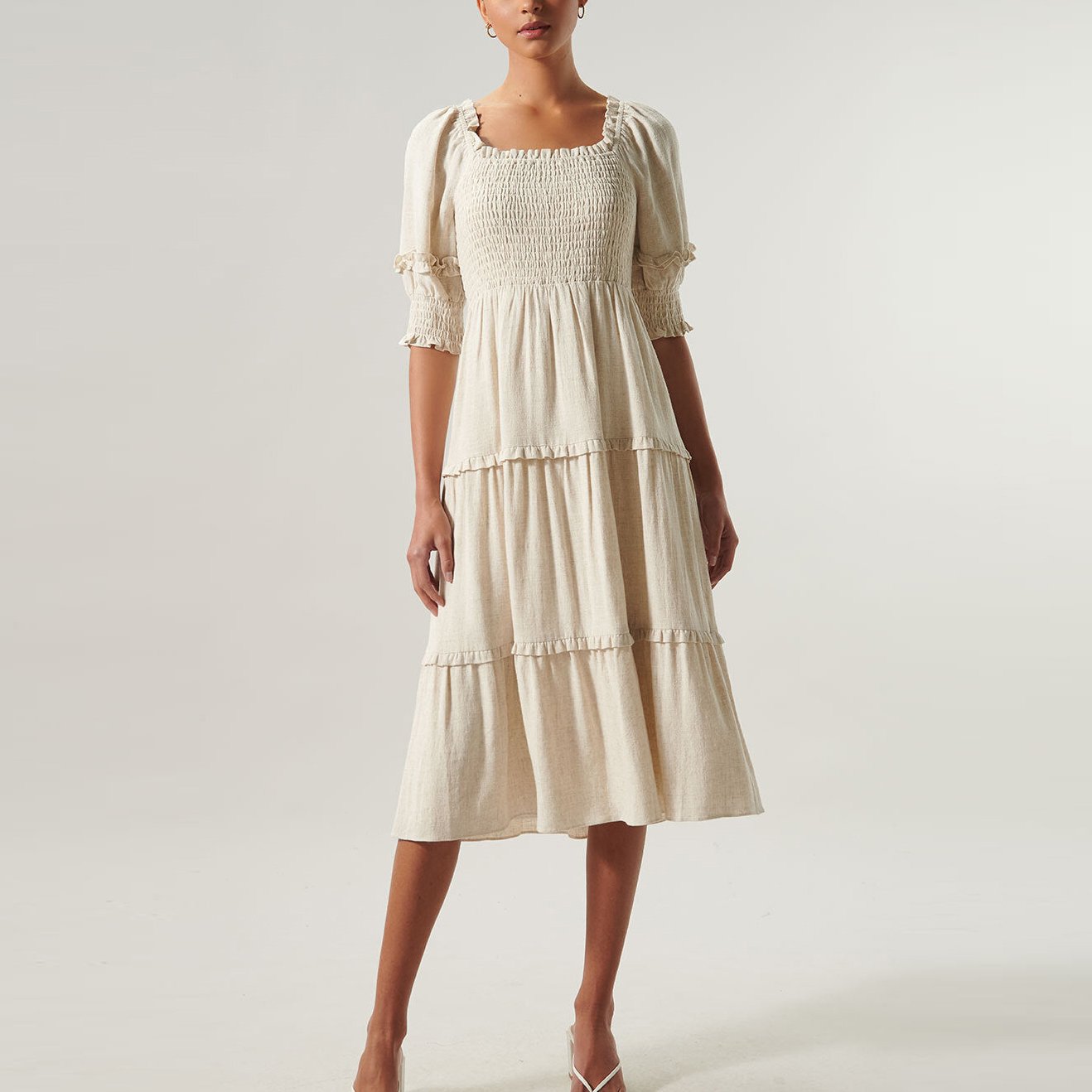 High Quality Ladies Casual Square Neck Slit Dresses Midi Long Ruffle Linen Dress For Women