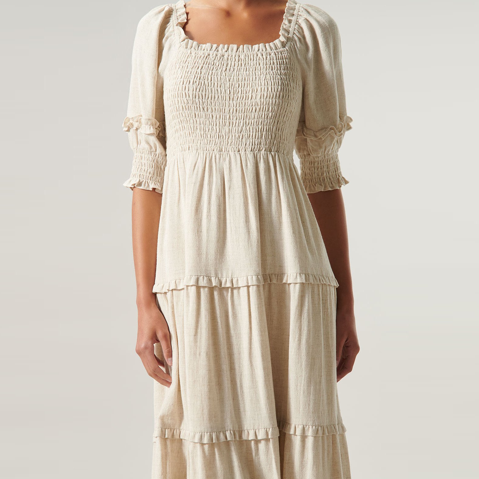 High Quality Ladies Casual Square Neck Slit Dresses Midi Long Ruffle Linen Dress For Women