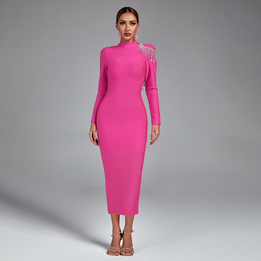 Ocstrade Beaded Long Sleeve Backless Diamond Tassel Midi Dress Sexy Women Elegant Rhinestone Dress Bandage Formal Cocktail Dress