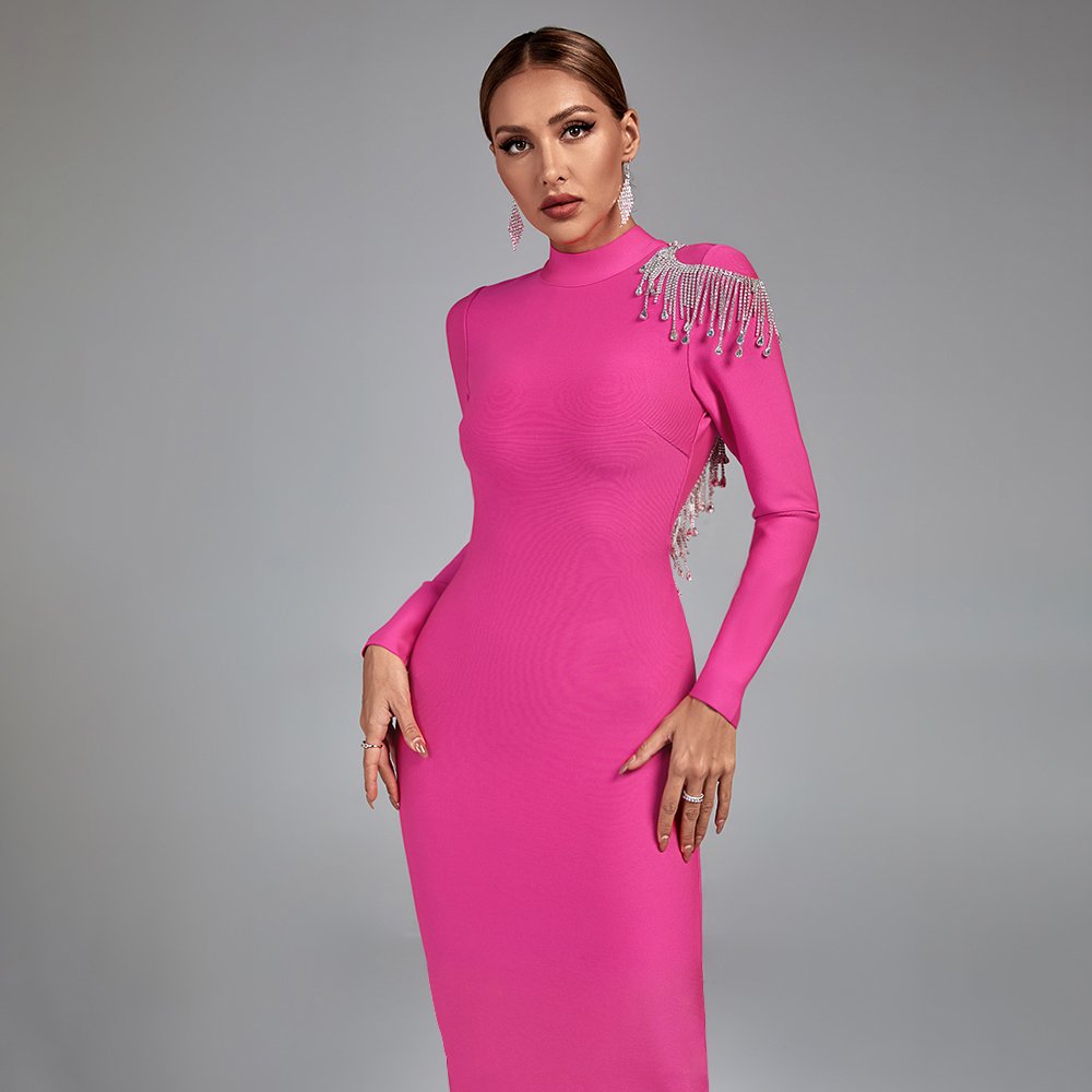 Ocstrade Beaded Long Sleeve Backless Diamond Tassel Midi Dress Sexy Women Elegant Rhinestone Dress Bandage Formal Cocktail Dress