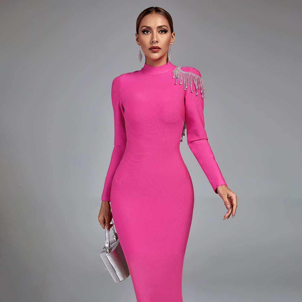Ocstrade Beaded Long Sleeve Backless Diamond Tassel Midi Dress Sexy Women Elegant Rhinestone Dress Bandage Formal Cocktail Dress