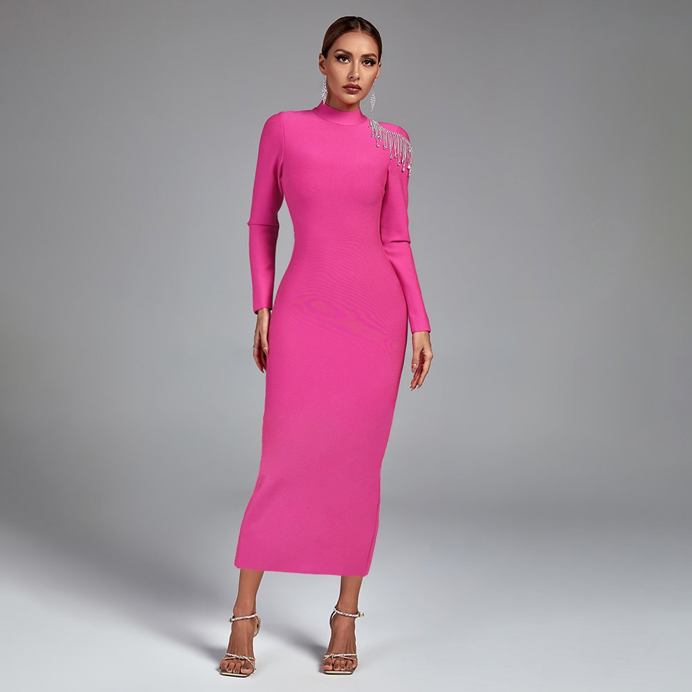 Ocstrade Beaded Long Sleeve Backless Diamond Tassel Midi Dress Sexy Women Elegant Rhinestone Dress Bandage Formal Cocktail Dress
