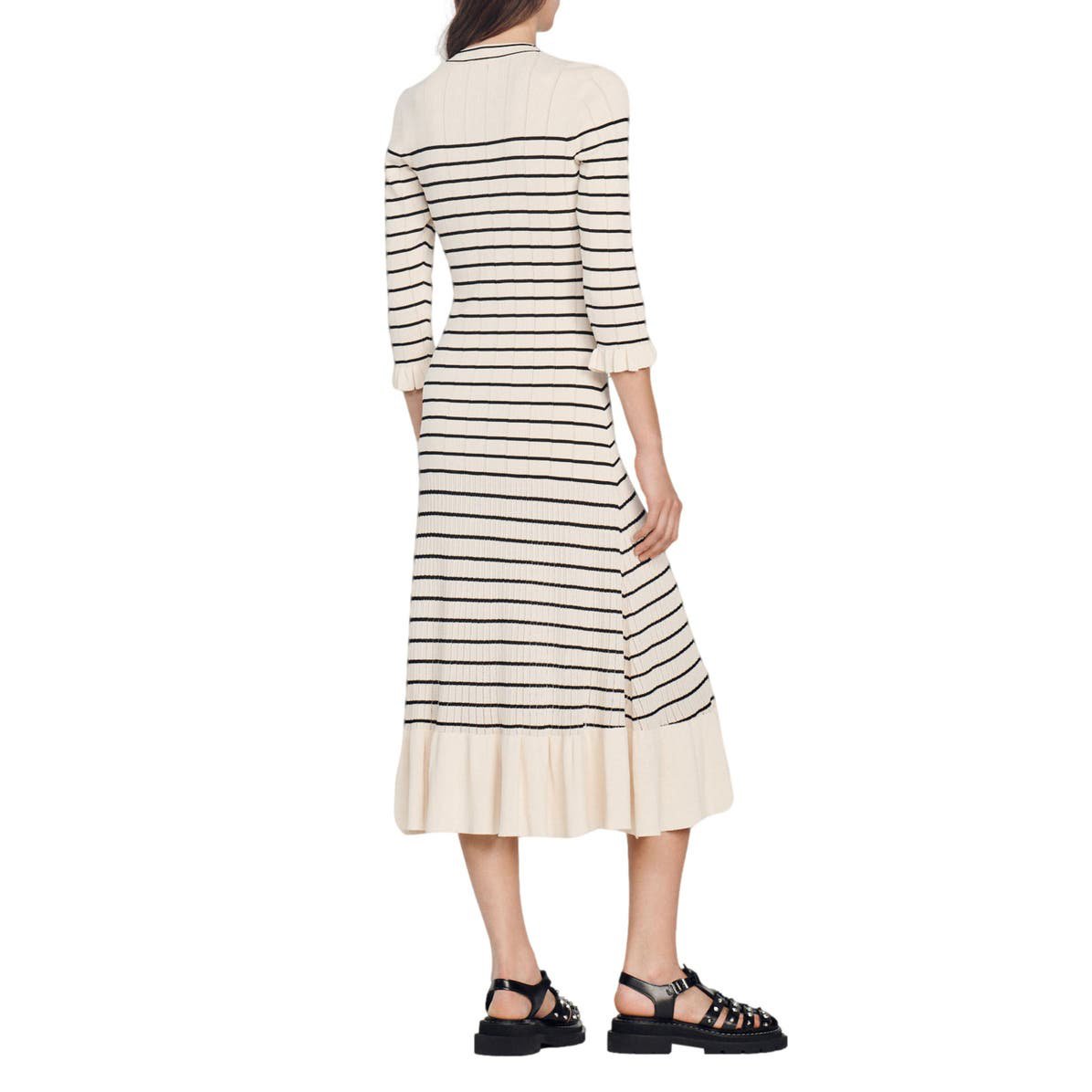 Custom knit tank top dresses ladies knitwear OEM design stripe button down Long Sleeve casual Sweater Dress women Clothing