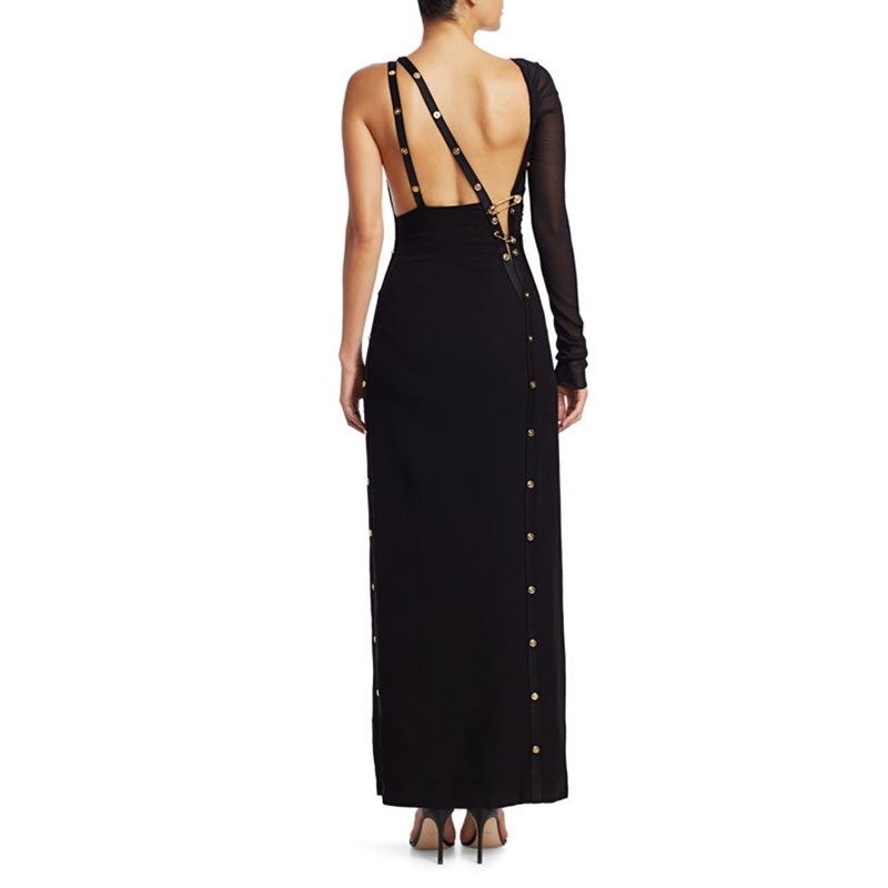 Black One Sleeve Shoulder Asymmetric Cutout Crepe Women Gown Long Evening Dresses