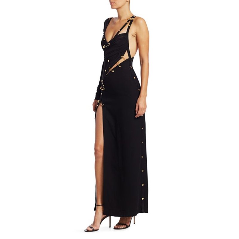 Black One Sleeve Shoulder Asymmetric Cutout Crepe Women Gown Long Evening Dresses