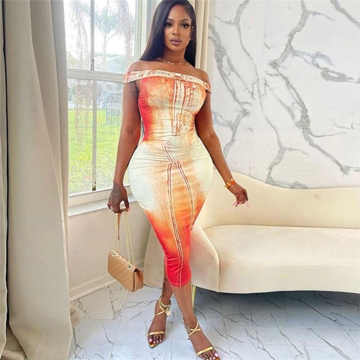Casual Dresses 2024 Sexy Off Shoulder Orange Gray Printed Mid-length Dress Lady Party Dress