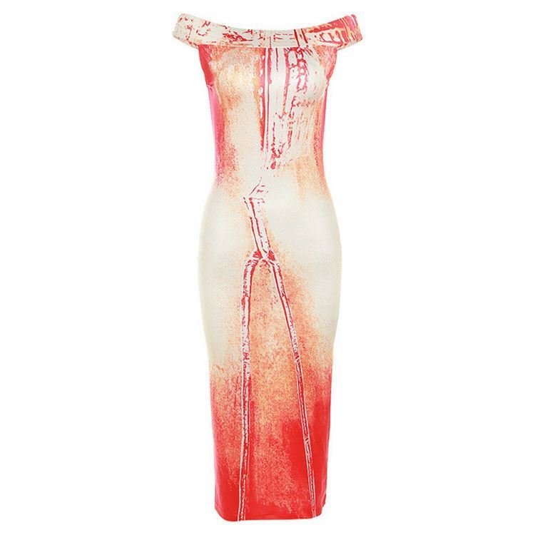 Casual Dresses 2024 Sexy Off Shoulder Orange Gray Printed Mid-length Dress Lady Party Dress