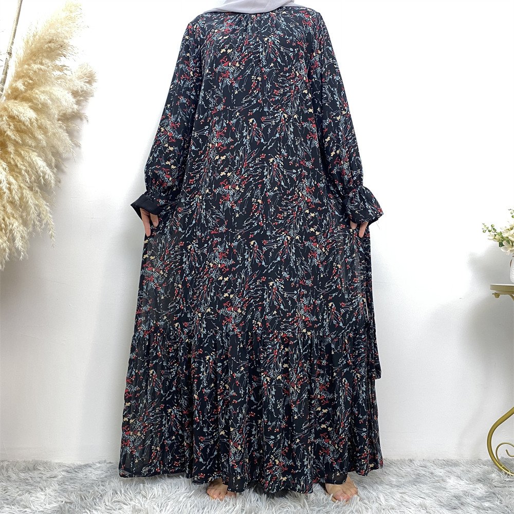 6434# Summer fashion floral printed flare sleeve dress elegant women's a-line chiffon dresses with full lining