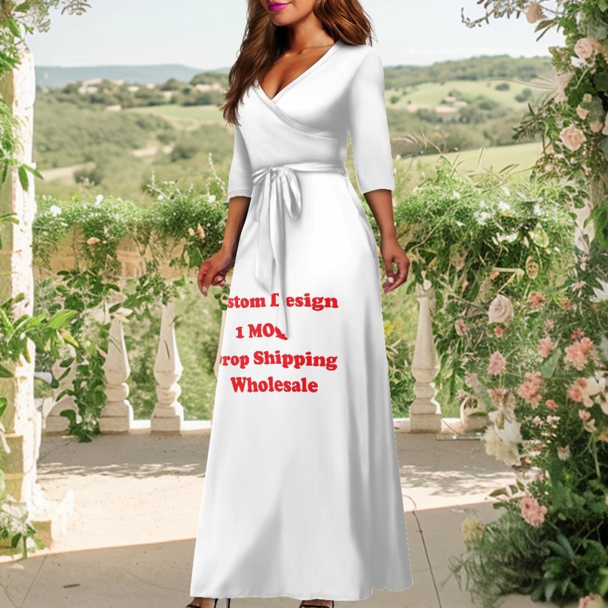 New Design Custom Classic Fashion Loose Large Size V-Neck Maxi Women Dress Print On Demand Women's Casual Dresses