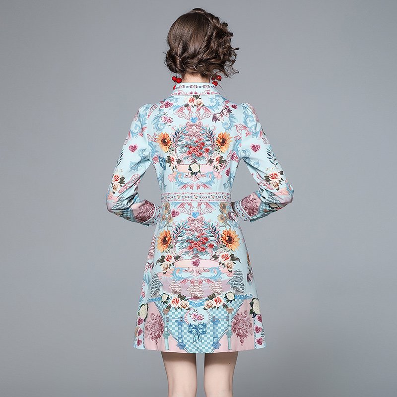 Elegant Turn Down Collar Single Breasted High Waist Allover Print Hem A-Line Dress Women Casual Side Zipper Holiday Dresses