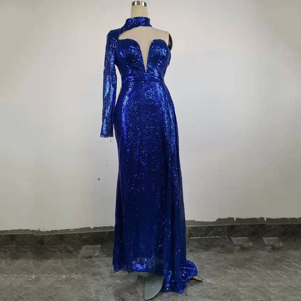 Elegant Party Evening Dresses Women Slim Bare chest Long Maxi Dress Ladies Fish Tail Sequins Floor length Prom Dress