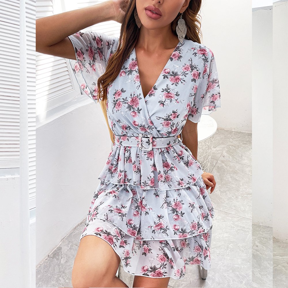 OEM 2022 Custom Manufacturer Summer holiday short sleeve printing floral Ruffle Fit Pink women Cross-neck casual Dress
