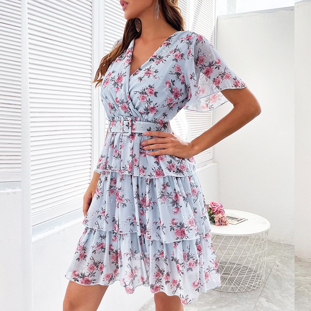 OEM 2022 Custom Manufacturer Summer holiday short sleeve printing floral Ruffle Fit Pink women Cross-neck casual Dress