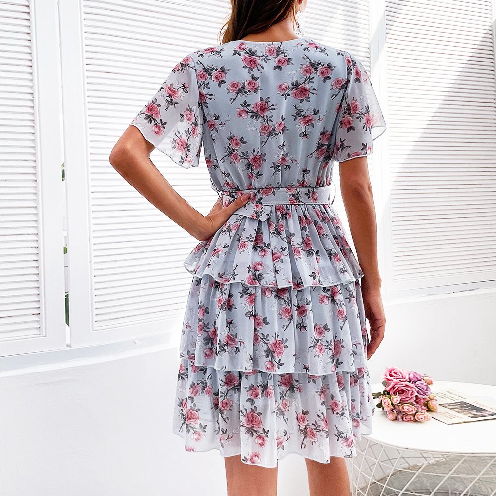 OEM 2022 Custom Manufacturer Summer holiday short sleeve printing floral Ruffle Fit Pink women Cross-neck casual Dress