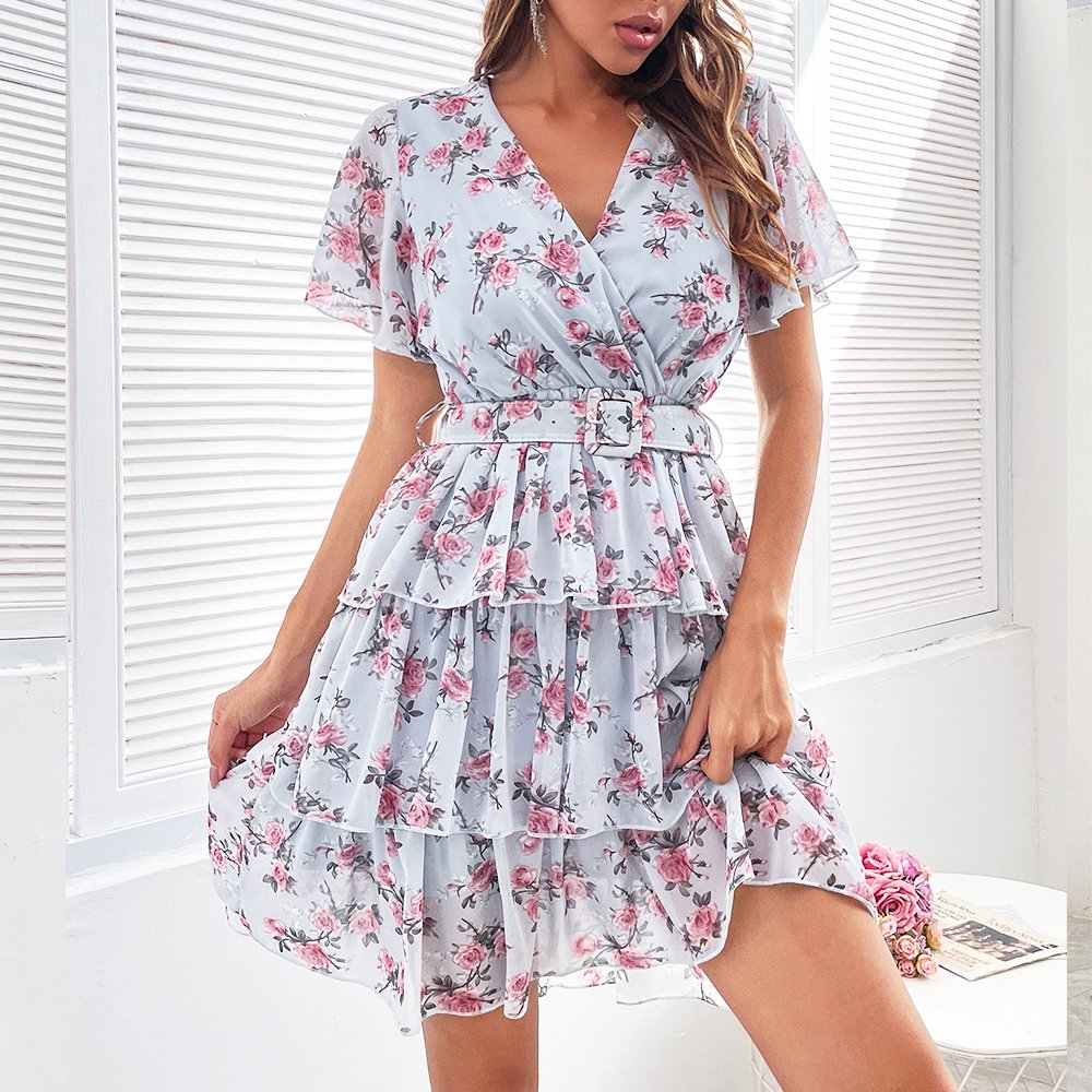 OEM 2022 Custom Manufacturer Summer holiday short sleeve printing floral Ruffle Fit Pink women Cross-neck casual Dress