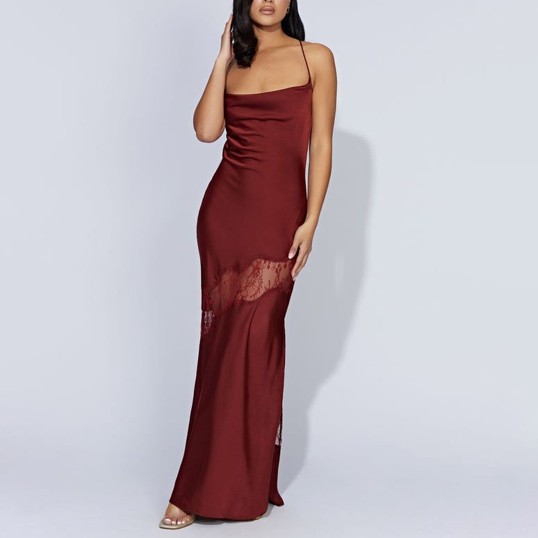 Custom Elegant Front Cowl Neck Lace Detail Bodycon Club Cocktail Party Women Sexy Open Back Satin Long Maxi Casual Evening Dress