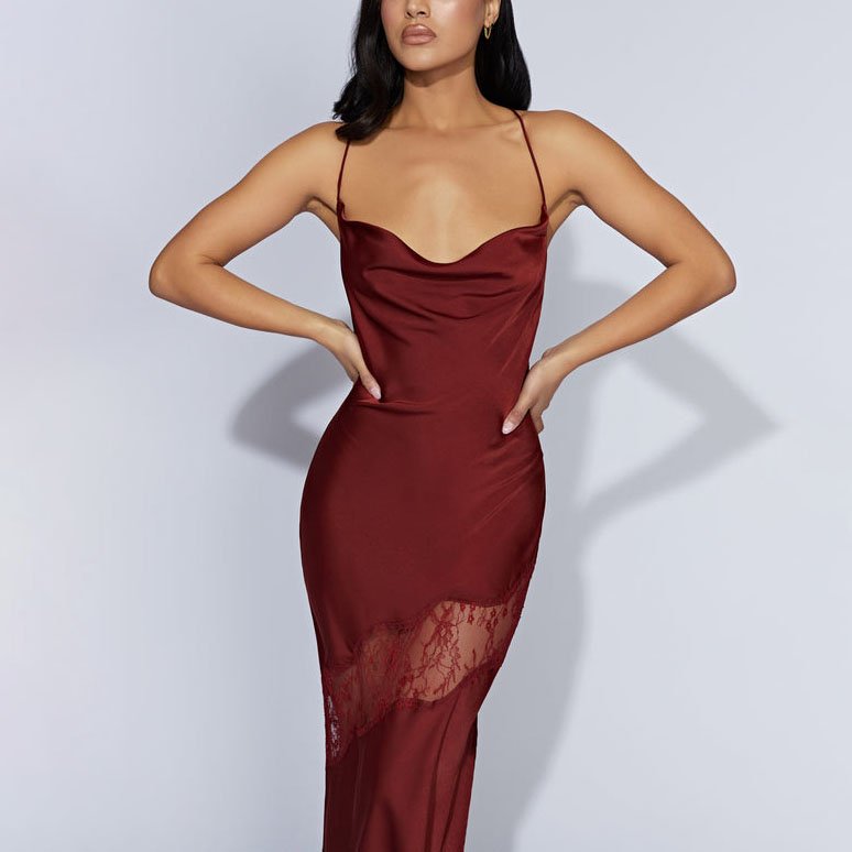 Custom Elegant Front Cowl Neck Lace Detail Bodycon Club Cocktail Party Women Sexy Open Back Satin Long Maxi Casual Evening Dress