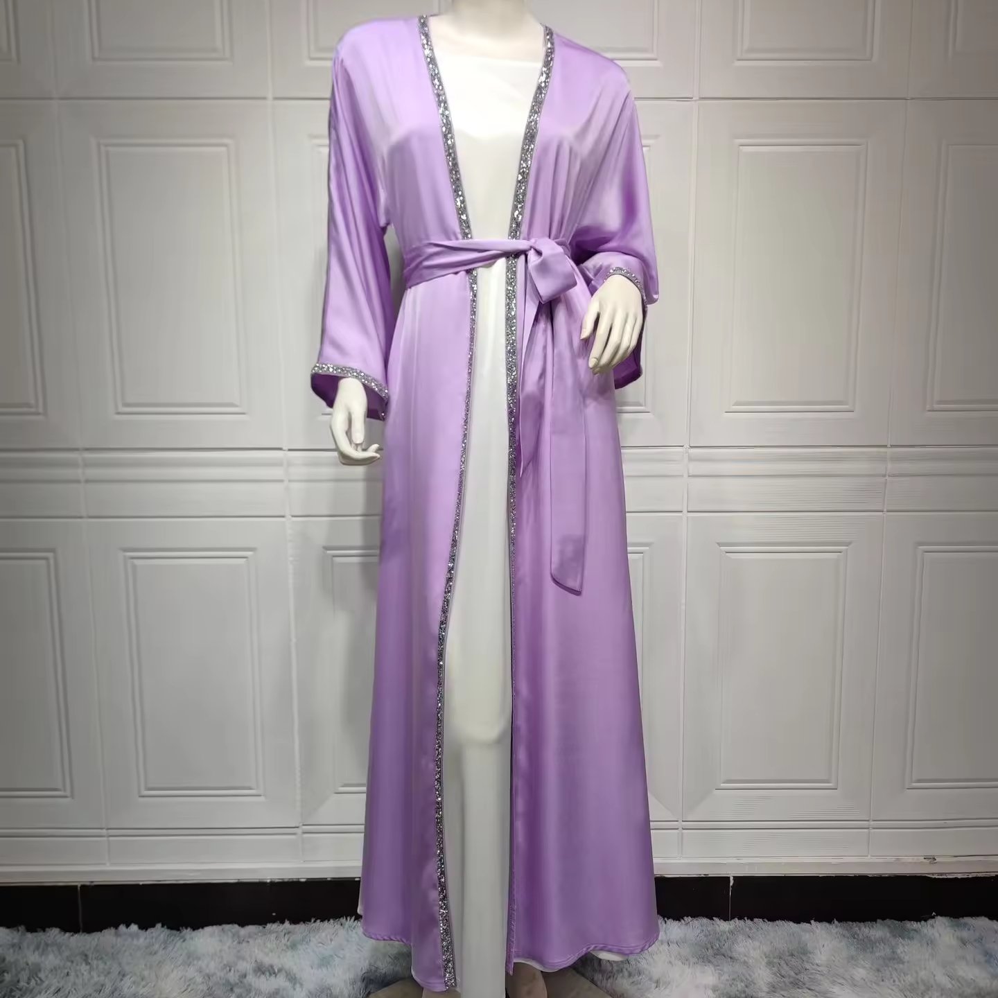 Sleeveless Inner Dress And Kimono Abaya Two Piece Set Moderst Diamond Long Dress Modern Satin muslim clothing Long Robe Abaya