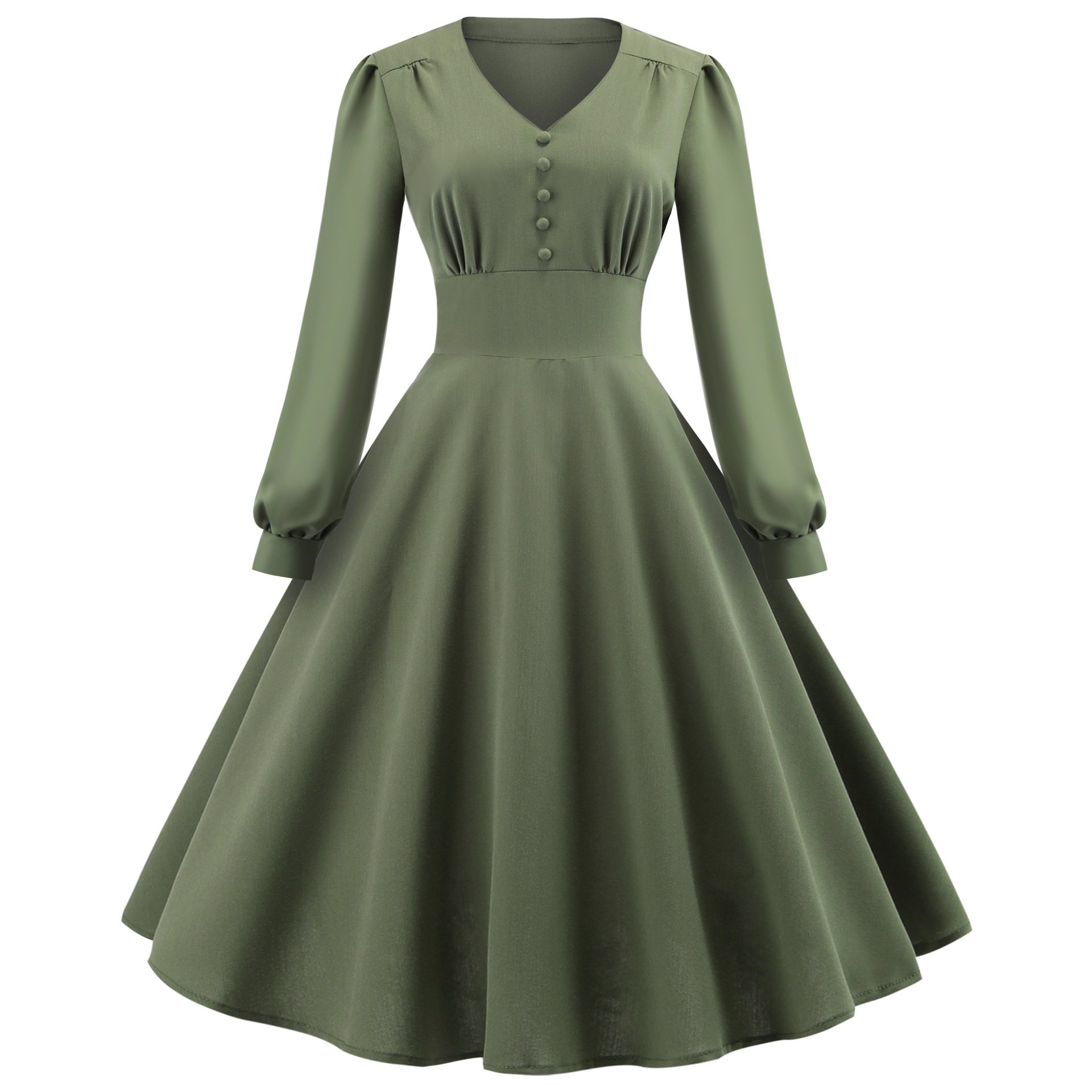 V-neck Retro Long Sleeved Button Up Large Swing Women dress