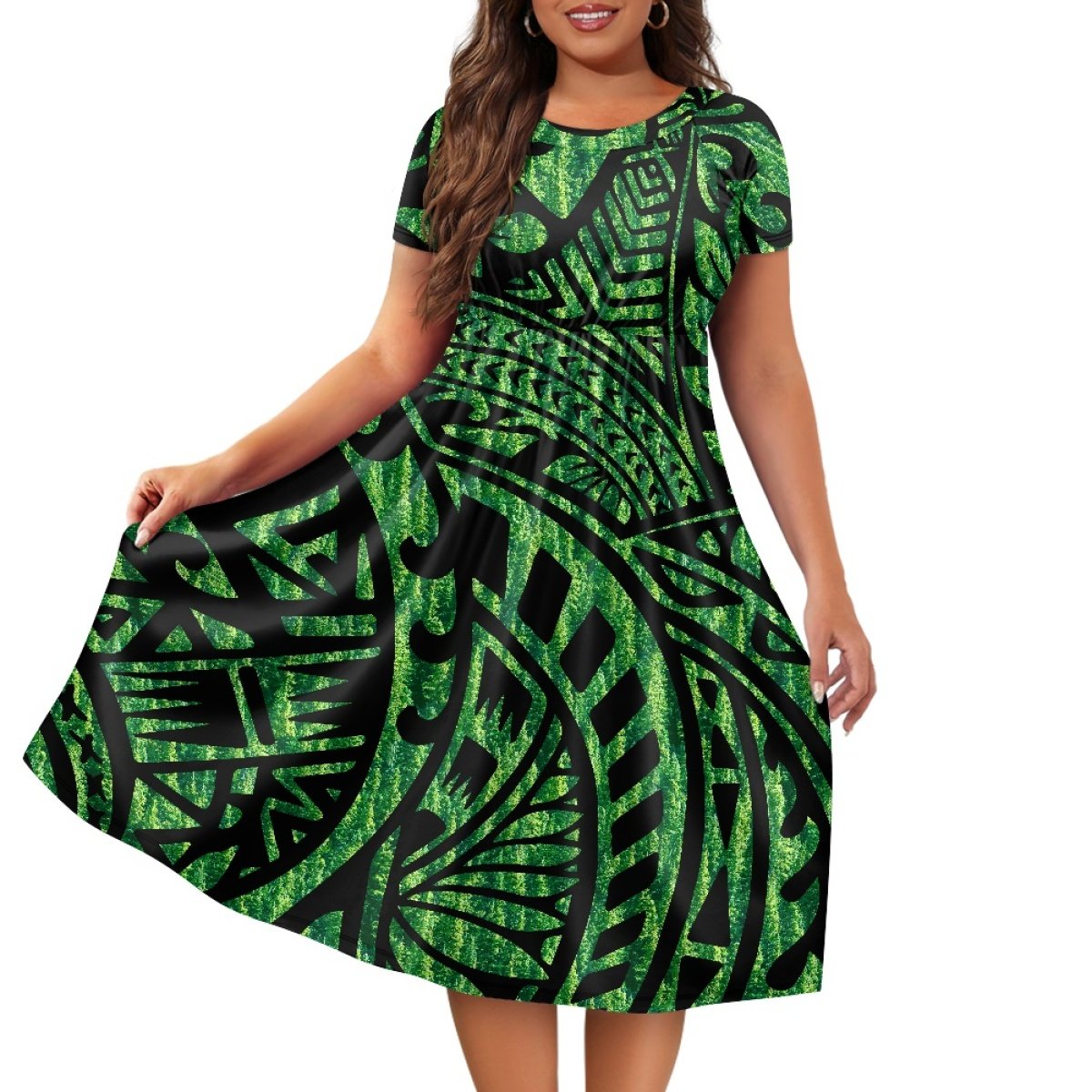 New Arrivals Polynesian Samoan Tribal Milk Silk Women's Short-sleeved Dress With Waist Tucked In Personality Fashion
