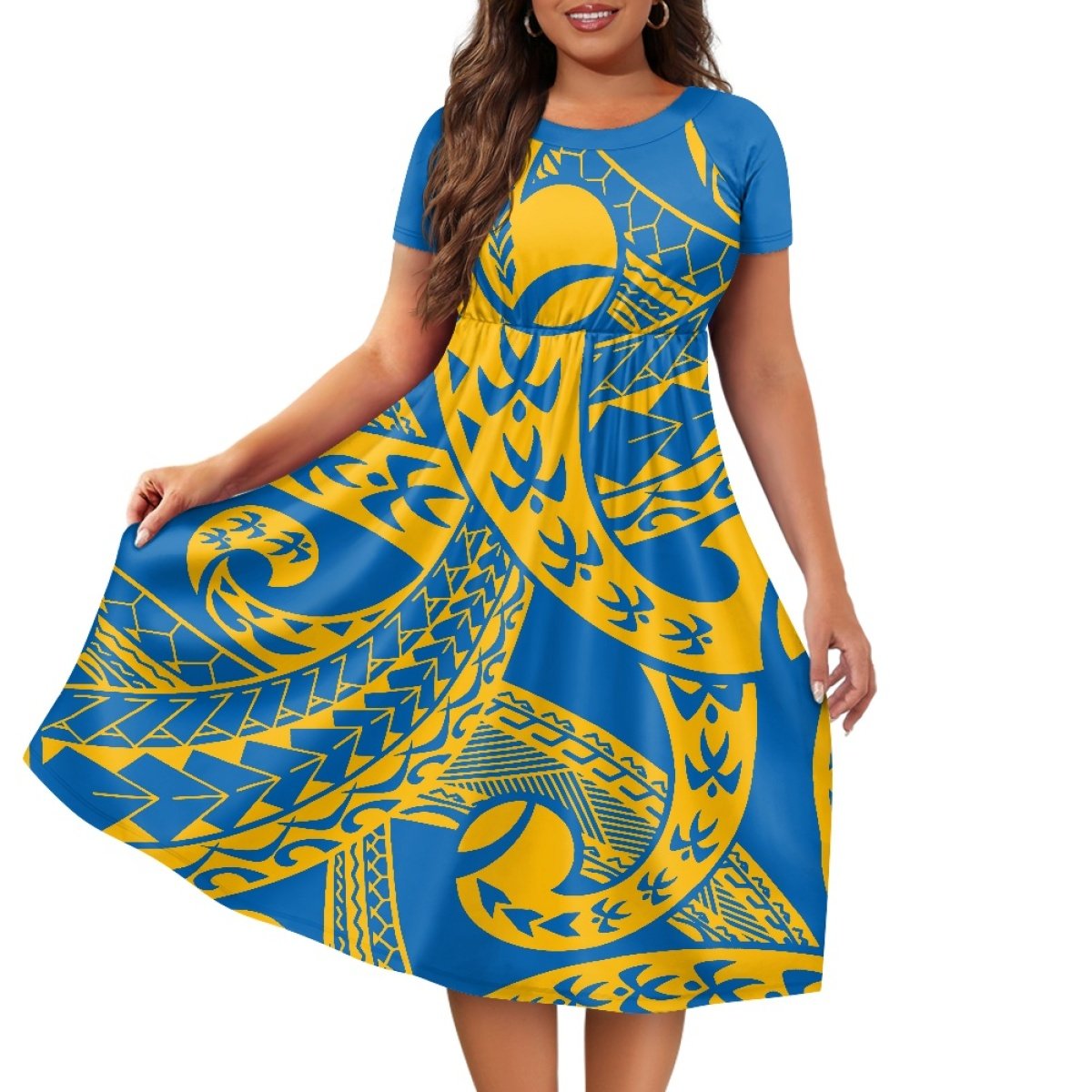 New Arrivals Polynesian Samoan Tribal Milk Silk Women's Short-sleeved Dress With Waist Tucked In Personality Fashion