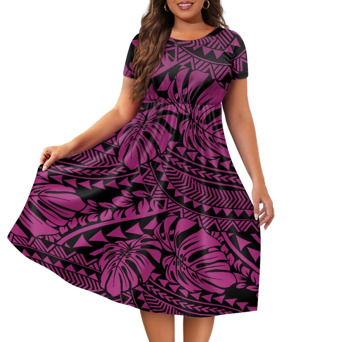 New Arrivals Polynesian Samoan Tribal Milk Silk Women's Short-sleeved Dress With Waist Tucked In Personality Fashion
