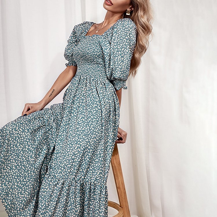 OEM New Fashion Linen Dress Supplier Women's Clothing Tropical Print Ruffle Elegant Dress Summer Long Women Casual Dresses
