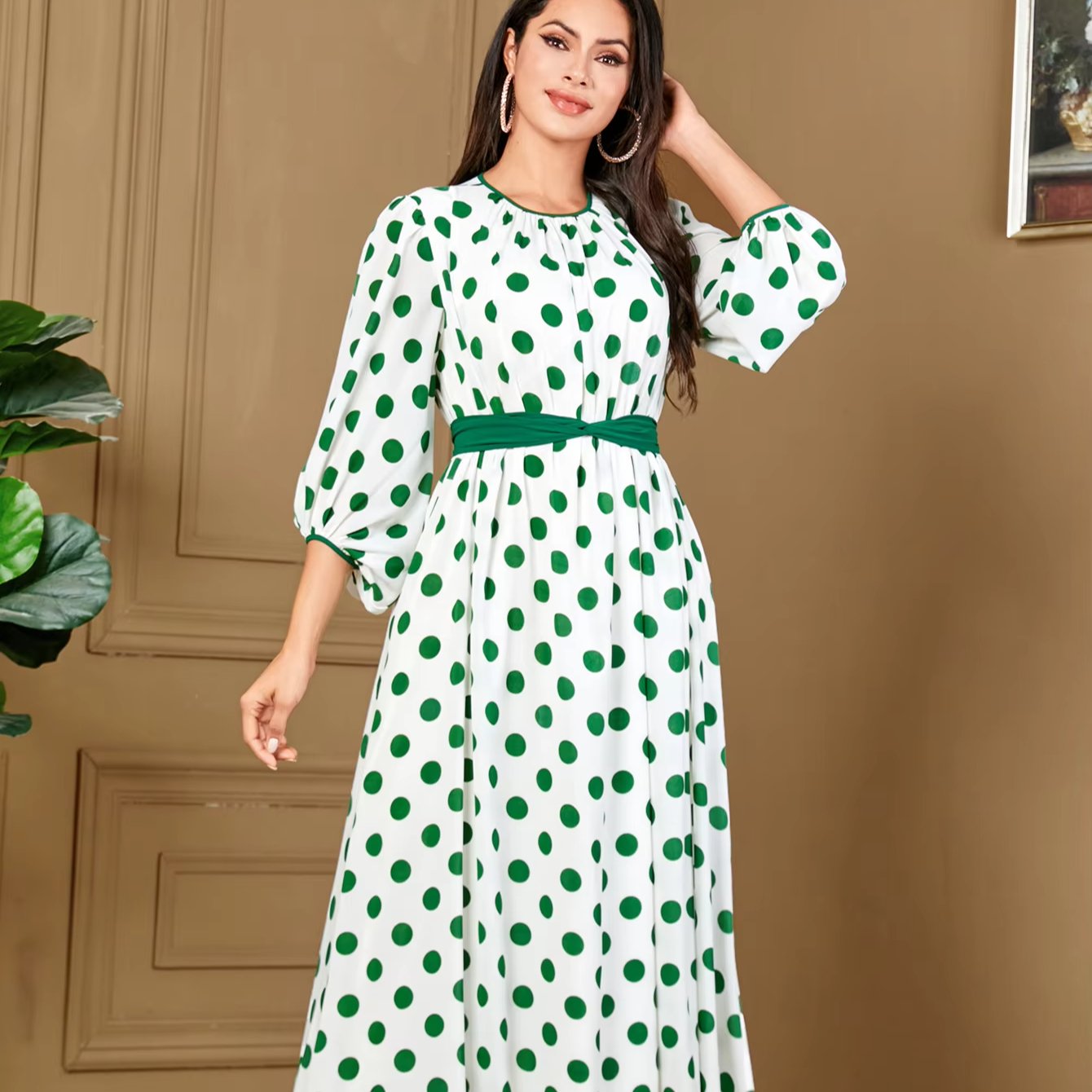 Middle East Ladies Dress for Muslim Women Clothing Elegant Maxi Casual Dresses Polka Dot Print with Belt Morocco Clothing