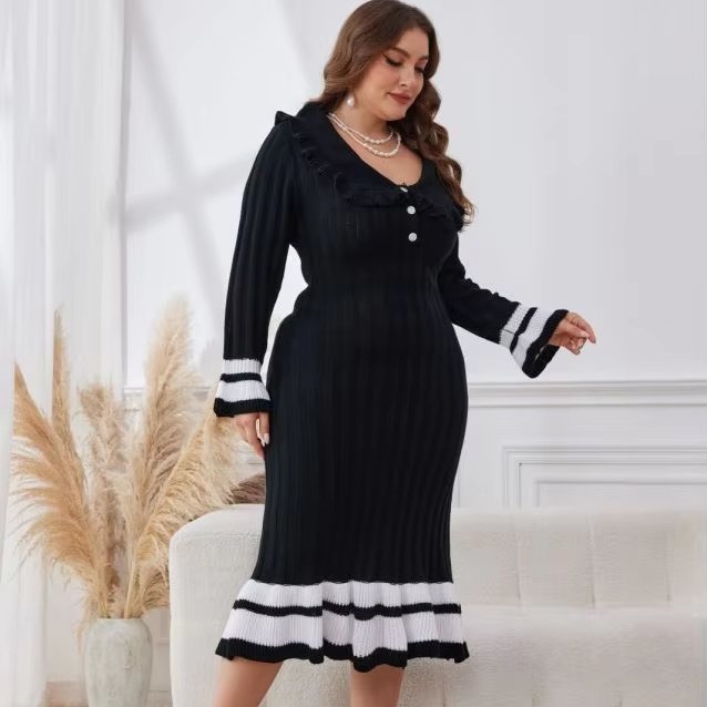 OEM ODM Customized crew-Neck Slim Elegant Striped Knitted Flounce Sleeve Ruffle Hem Casual Dress for Ladies