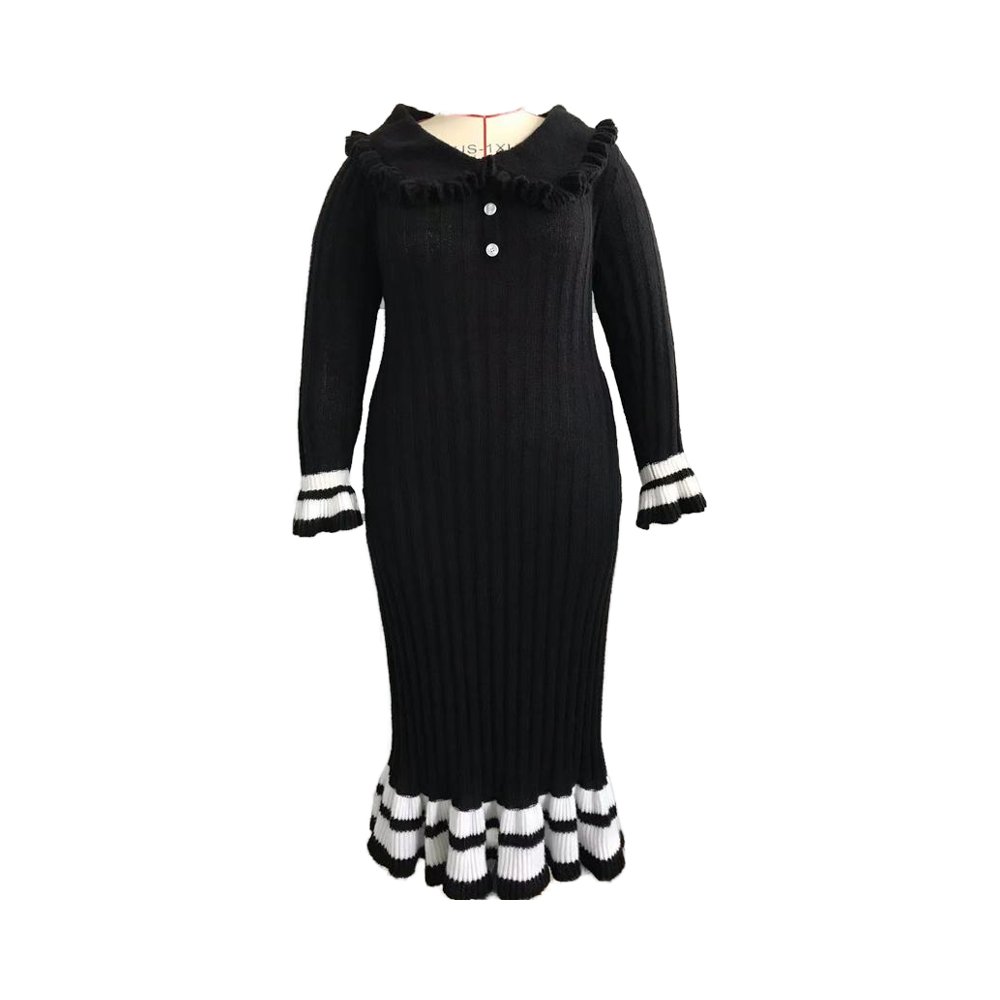 OEM ODM Customized crew-Neck Slim Elegant Striped Knitted Flounce Sleeve Ruffle Hem Casual Dress for Ladies