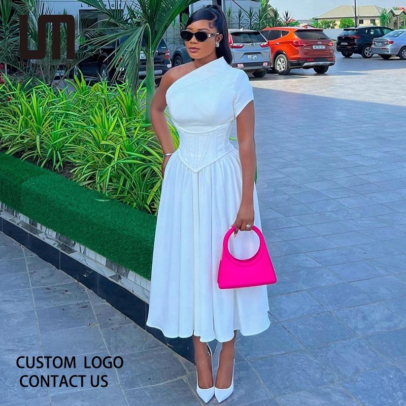 Liu Ming African Fashion 2024 Women Casual Slash Neck Vintage Loose Elegant Lady Maxi Dresses