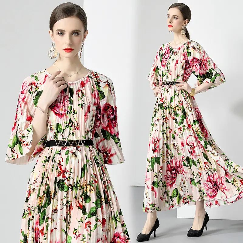 OEM/ODM Fashion sexy ladies O-neck long sleeve lace up high waist summer flower print women Casual Dresses